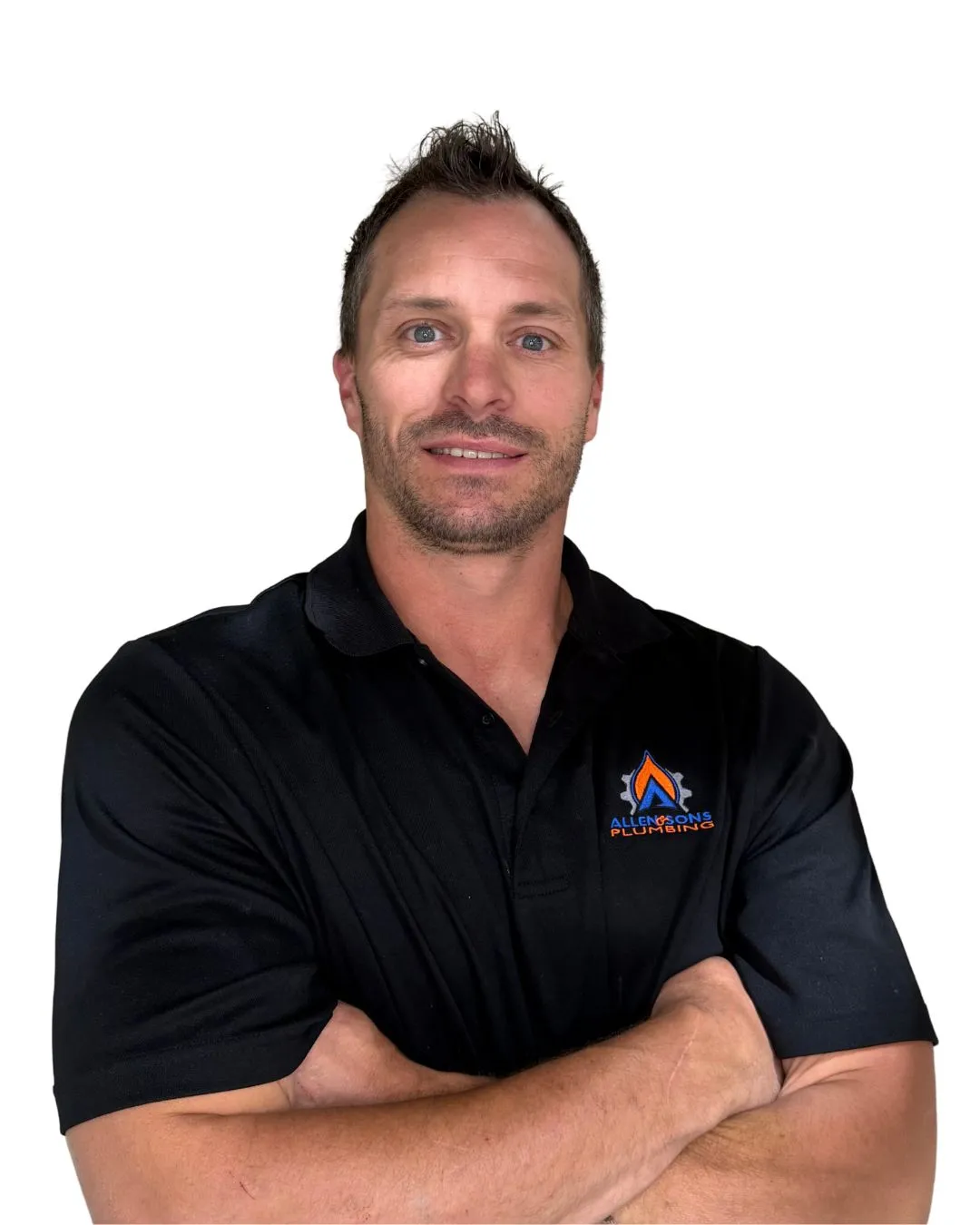 A member of the Allen & Sons crew in a black company polo shirt