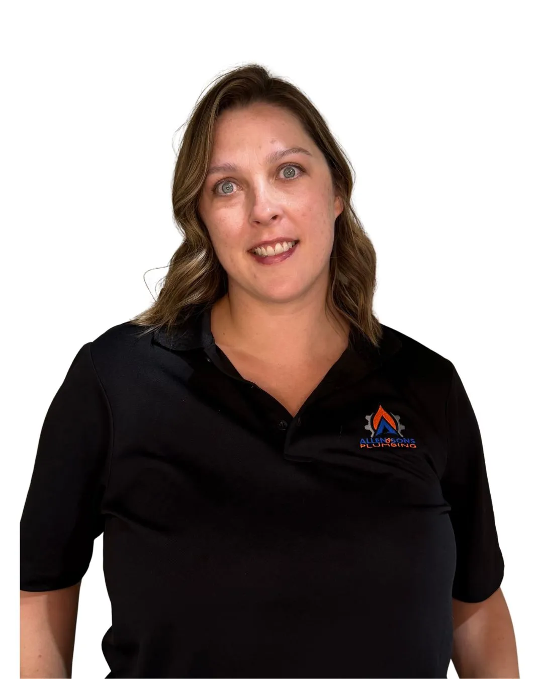 A member of the Allen & Sons crew with long hair, in a black company polo shirt
