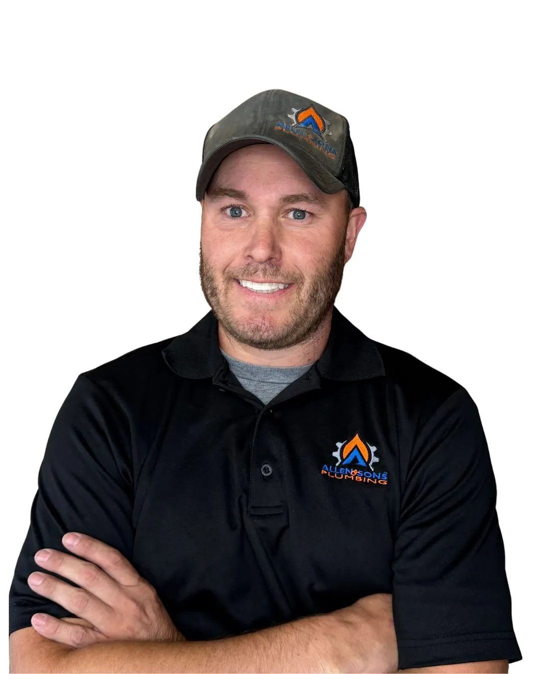 A member of the Allen & Sons crew in a branded company cap and black polo shirt
