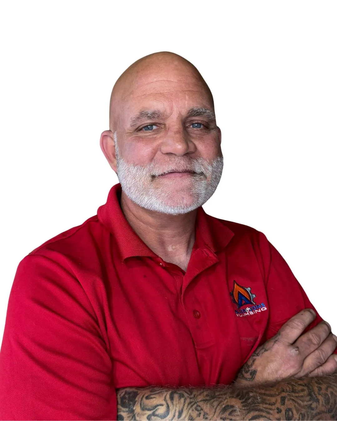 A member of the Allen & Sons crew with a white beard, in a red company polo shirt